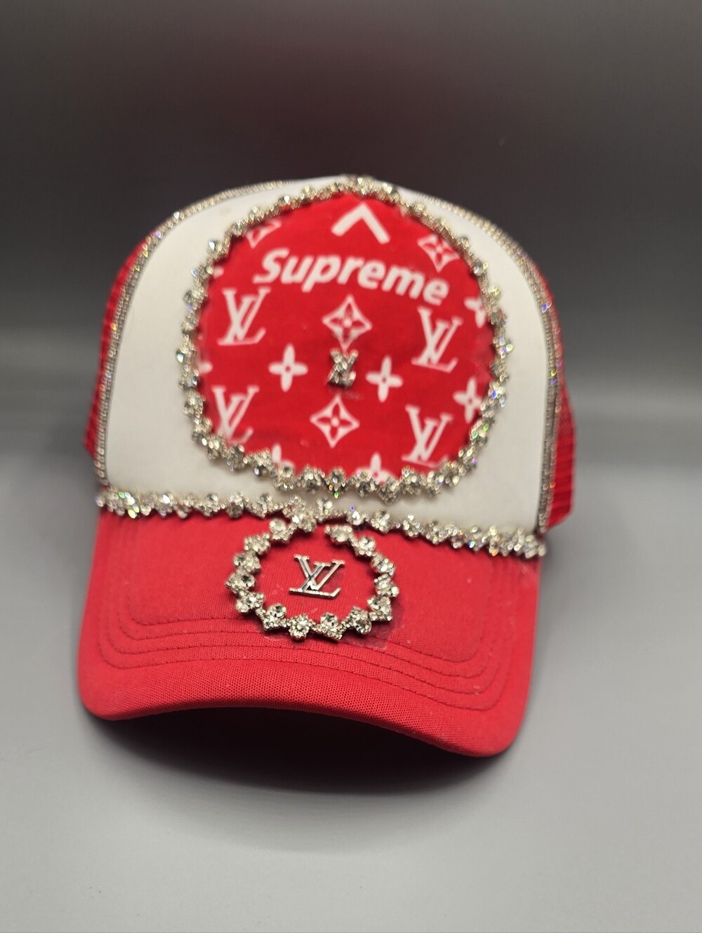 Louis Vuitton Red and White Crystal-Trim Logo Cap